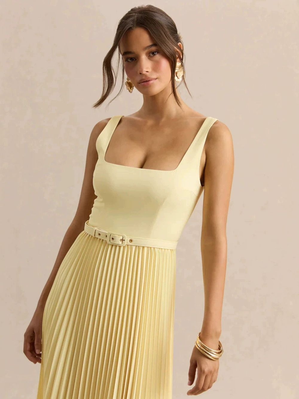 Zara Cream Yellow Spaghetti Strap High Waist Pleated Maxi Dress